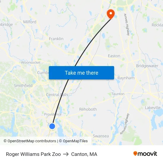 Roger Williams Park Zoo to Canton, MA map