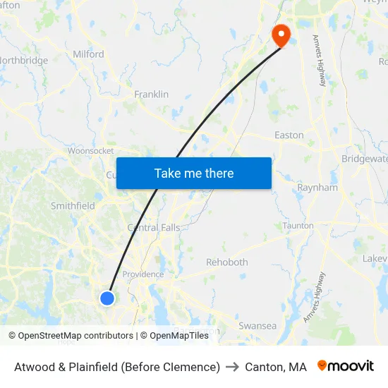 Atwood & Plainfield (Before Clemence) to Canton, MA map