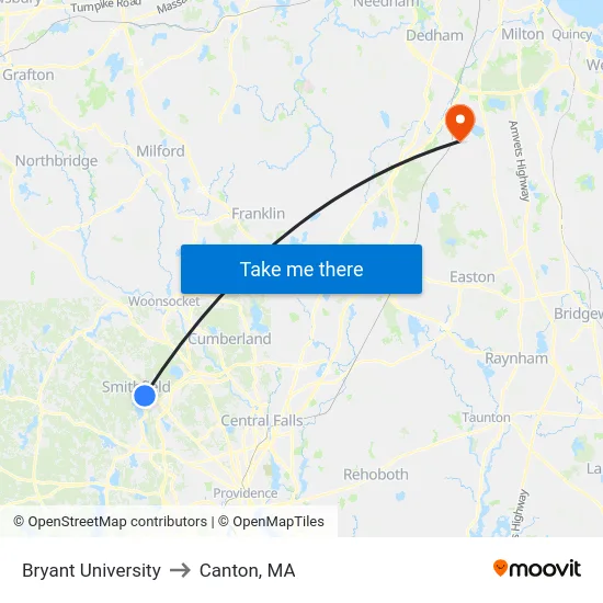 Bryant University to Canton, MA map