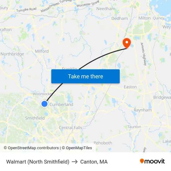 Walmart (North Smithfield) to Canton, MA map