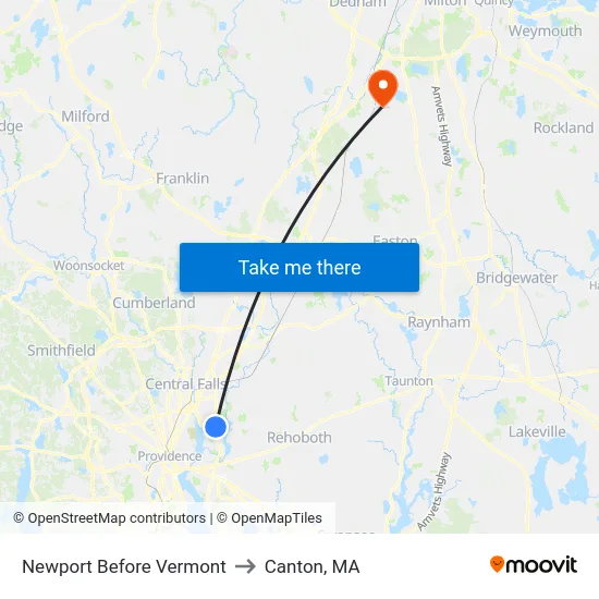 Newport Before Vermont to Canton, MA map