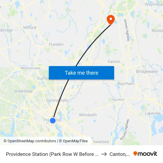 Providence Station (Park Row W Before Exchange) to Canton, MA map