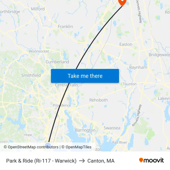 Park & Ride (Ri-117 - Warwick) to Canton, MA map