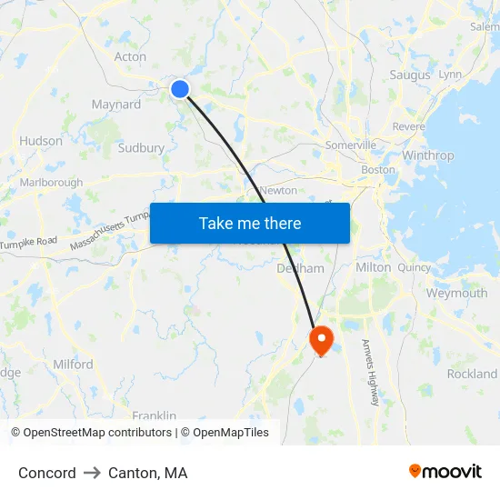Concord to Canton, MA map