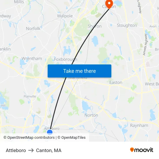 Attleboro to Canton, MA map