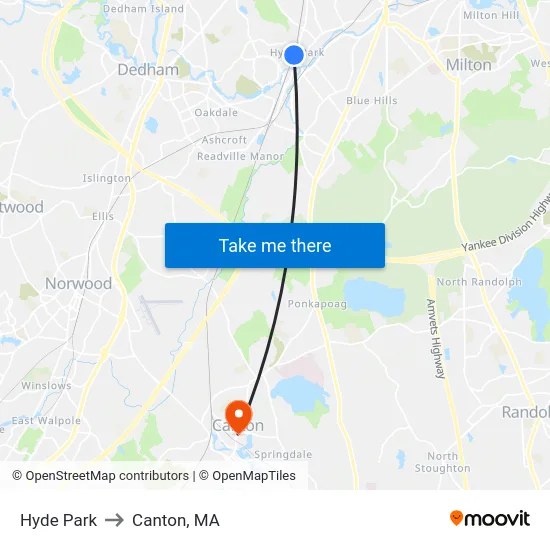 Hyde Park to Canton, MA map