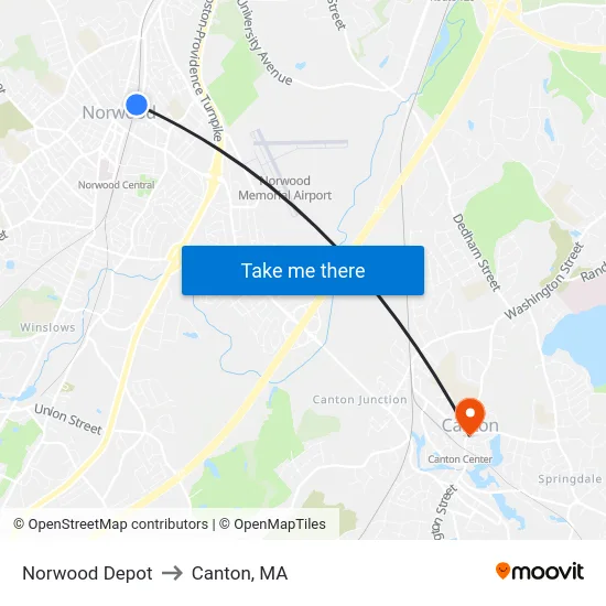 Norwood Depot to Canton, MA map