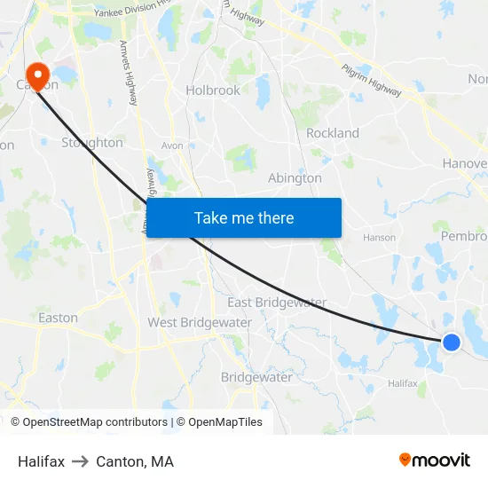 Halifax to Canton, MA map