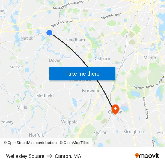 Wellesley Square to Canton, MA map