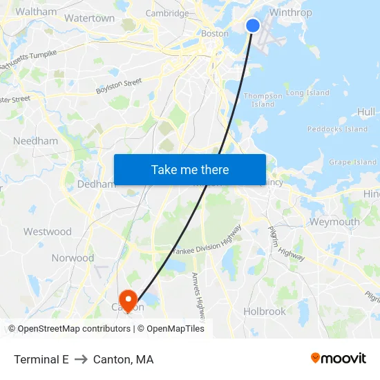 Terminal E to Canton, MA map