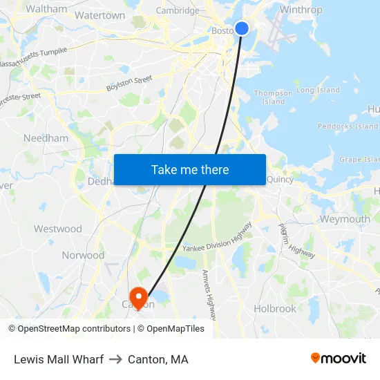 Lewis Mall Wharf to Canton, MA map