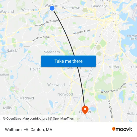 Waltham to Canton, MA map