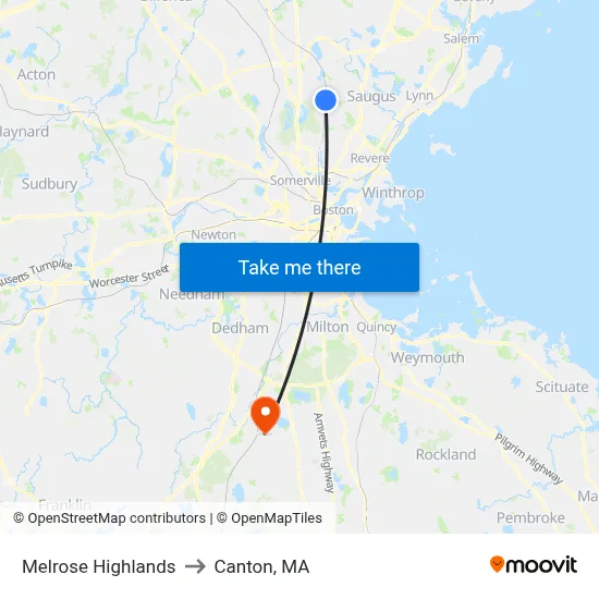 Melrose Highlands to Canton, MA map