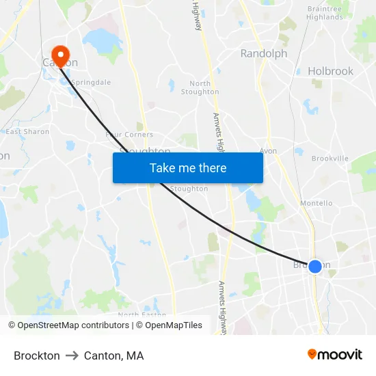 Brockton to Canton, MA map