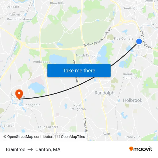Braintree to Canton, MA map