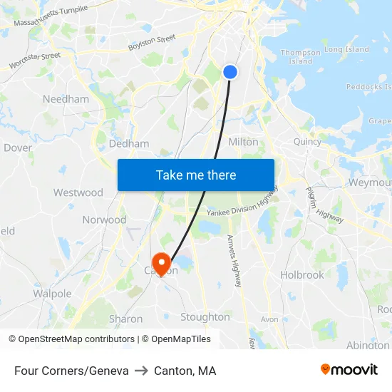 Four Corners/Geneva to Canton, MA map