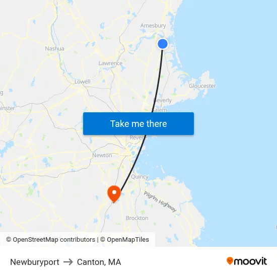 Newburyport to Canton, MA map