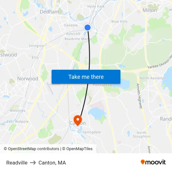 Readville to Canton, MA map