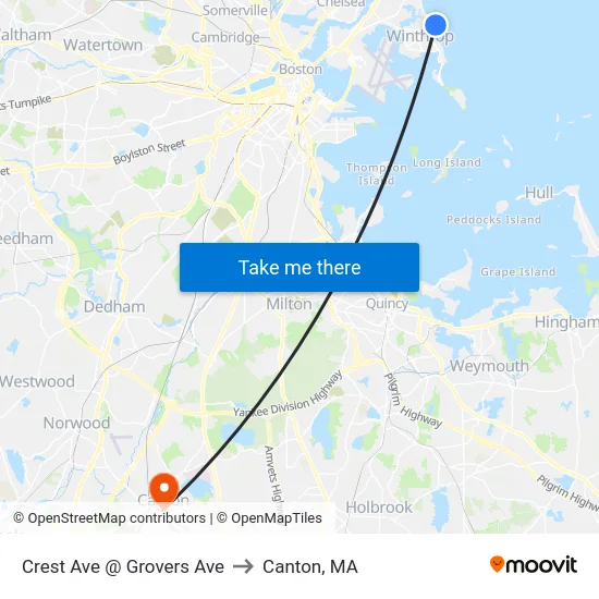 Crest Ave @ Grovers Ave to Canton, MA map