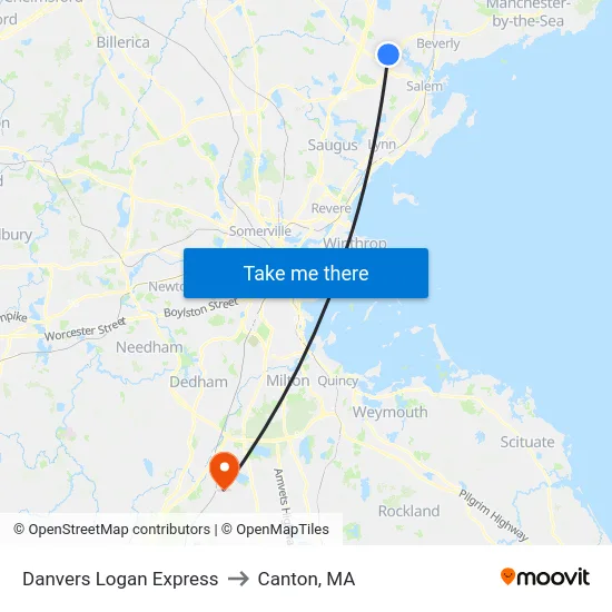 Danvers Logan Express to Canton, MA map