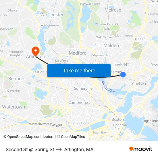 Second St @ Spring St to Arlington, MA map