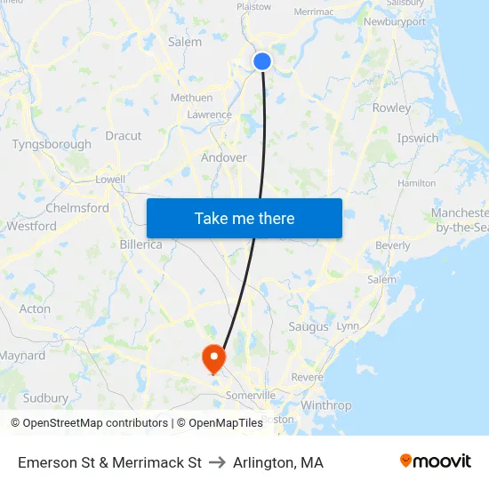 Emerson St & Merrimack St to Arlington, MA map