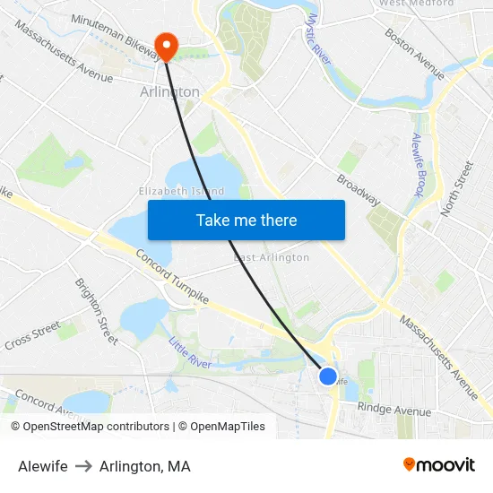Alewife to Arlington, MA map