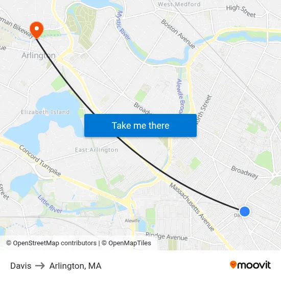 Davis to Arlington, MA map