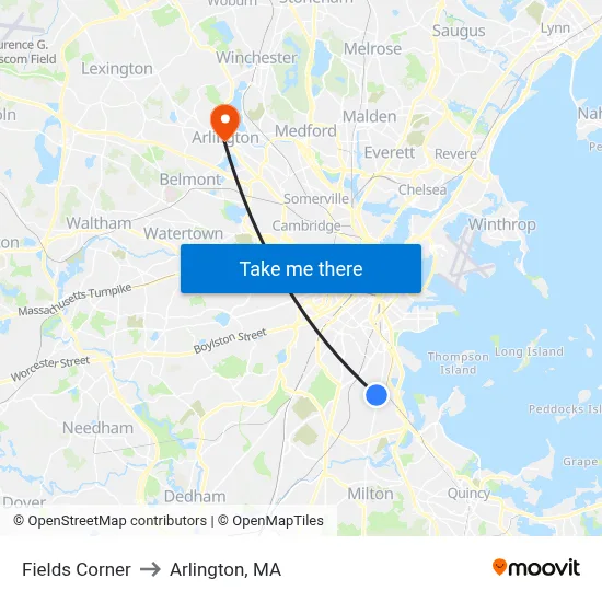 Fields Corner to Arlington, MA map