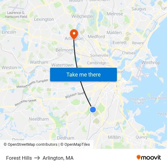 Forest Hills to Arlington, MA map