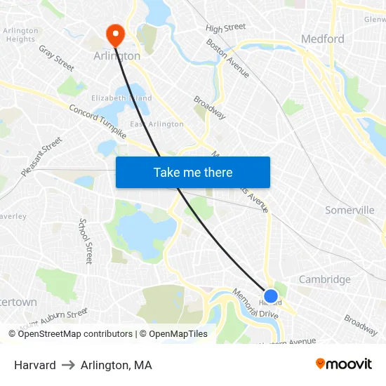 Harvard to Arlington, MA map