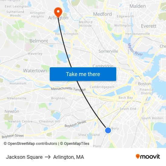 Jackson Square to Arlington, MA map