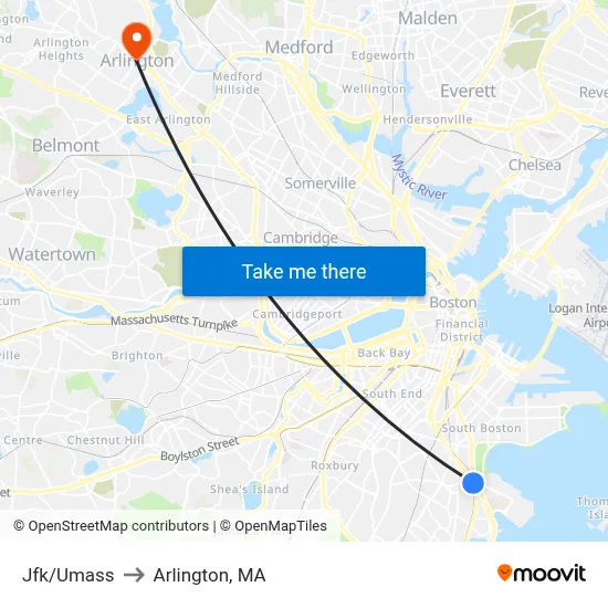 Jfk/Umass to Arlington, MA map