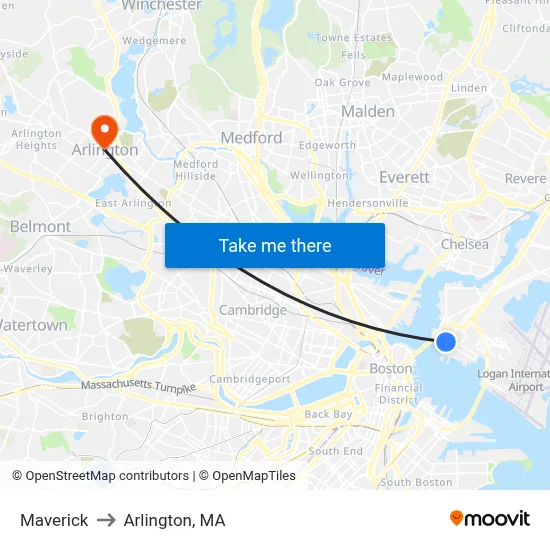 Maverick to Arlington, MA map