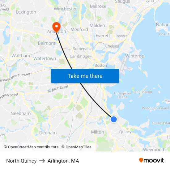 North Quincy to Arlington, MA map