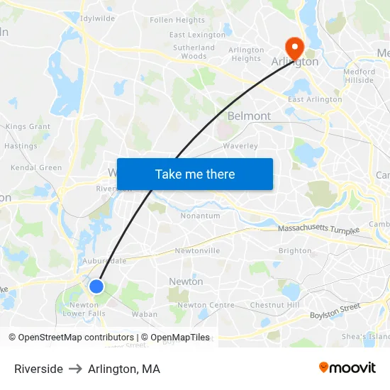 Riverside to Arlington, MA map