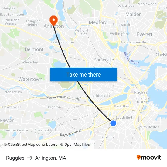 Ruggles to Arlington, MA map