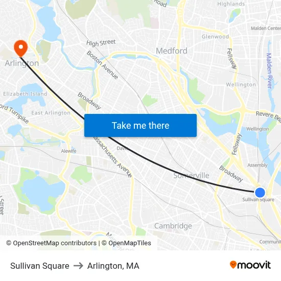 Sullivan Square to Arlington, MA map