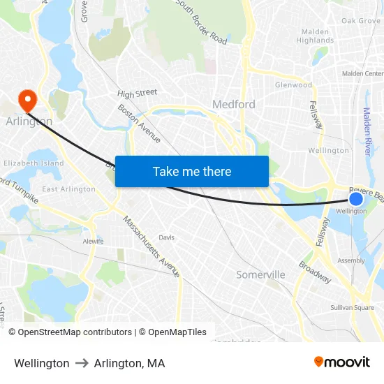 Wellington to Arlington, MA map