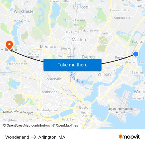 Wonderland to Arlington, MA map