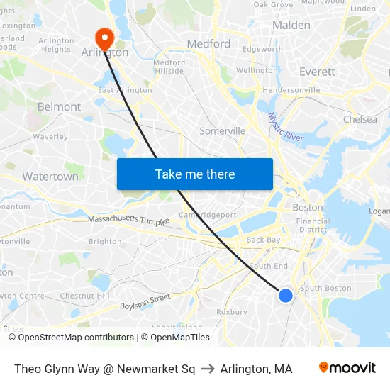 Theo Glynn Way @ Newmarket Sq to Arlington, MA map