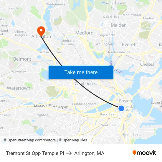 Tremont St Opp Temple Pl to Arlington, MA map