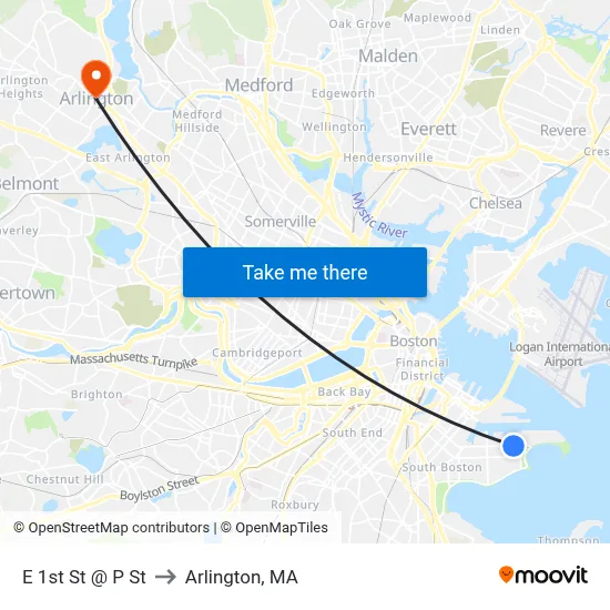 E 1st St @ P St to Arlington, MA map