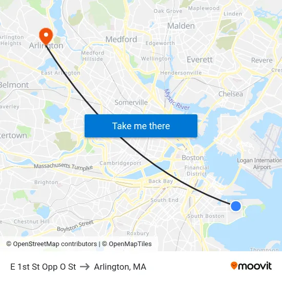E 1st St Opp O St to Arlington, MA map