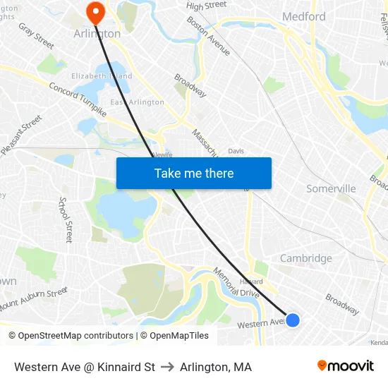Western Ave @ Kinnaird St to Arlington, MA map