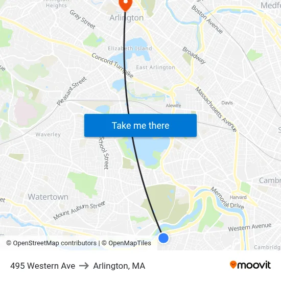 495 Western Ave to Arlington, MA map