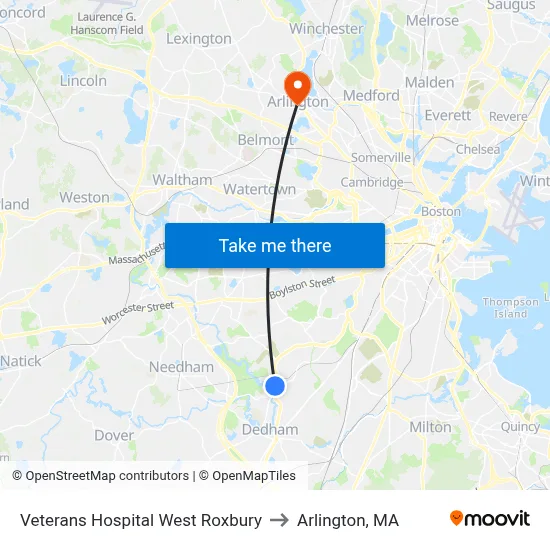 Veterans Hospital West Roxbury to Arlington, MA map