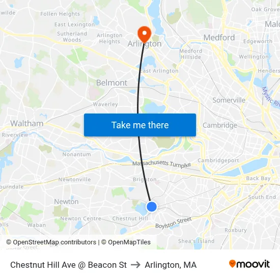 Chestnut Hill Ave @ Beacon St to Arlington, MA map