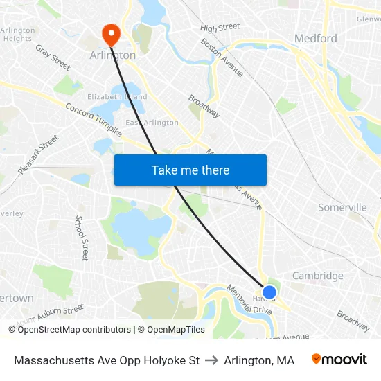 Massachusetts Ave Opp Holyoke St to Arlington, MA map