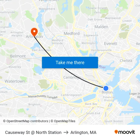 Causeway St @ North Station to Arlington, MA map